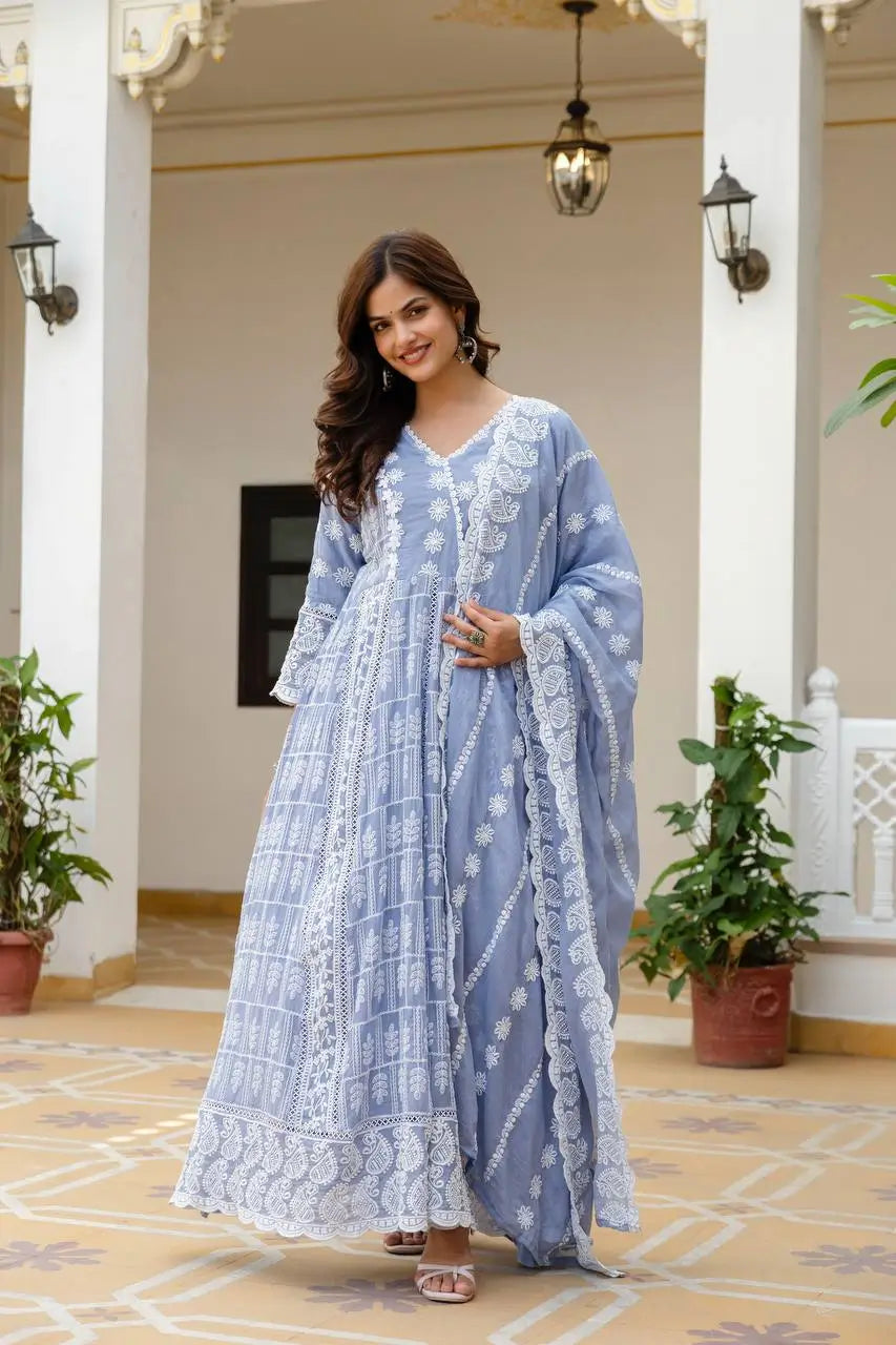 Powder Blue & Pastel Pink Lucknowi Cotton Anarkali Set