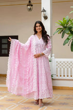 Powder Blue & Pastel Pink Lucknowi Cotton Anarkali Set