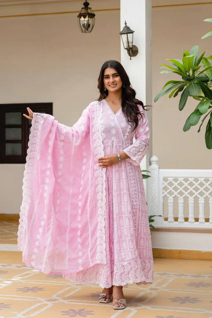 Powder Blue & Pastel Pink Lucknowi Cotton Anarkali Set