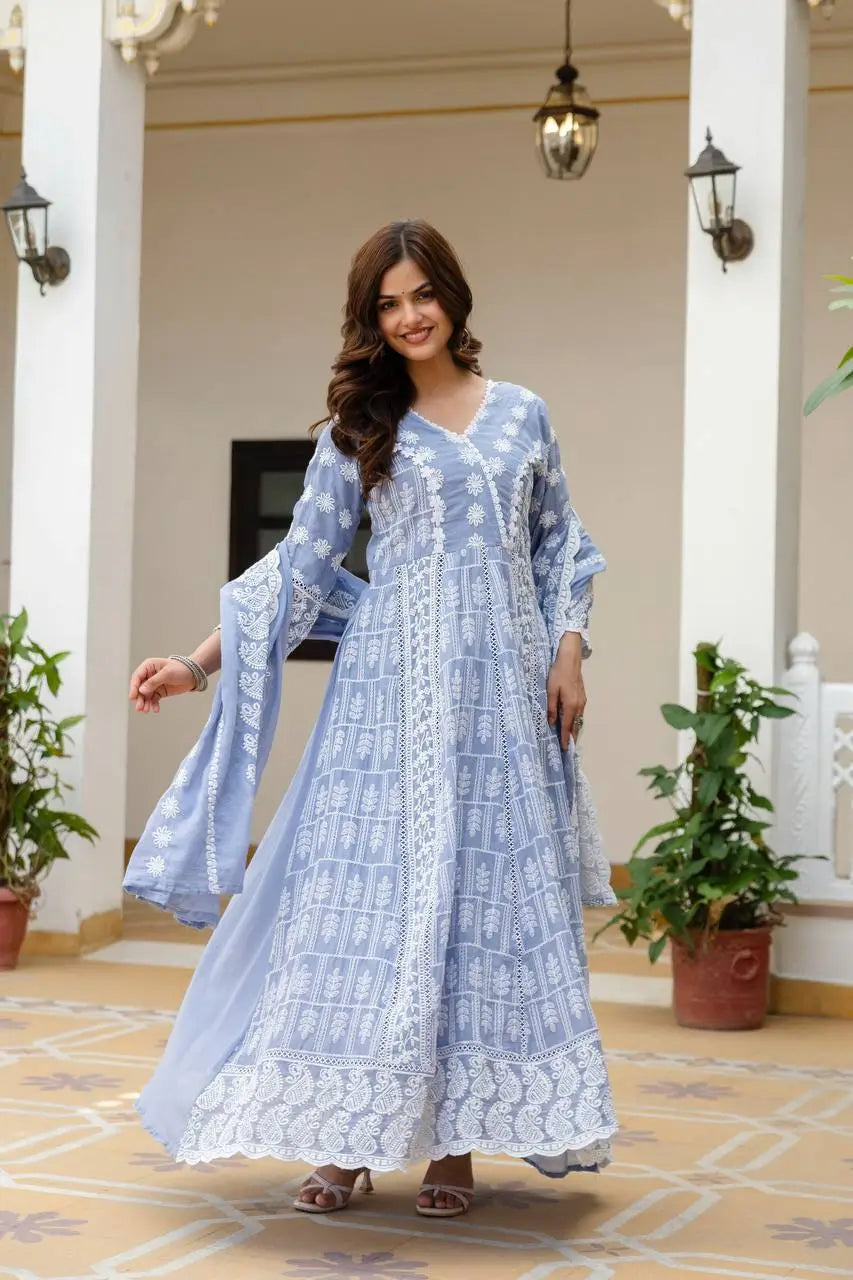 Powder Blue & Pastel Pink Lucknowi Cotton Anarkali Set
