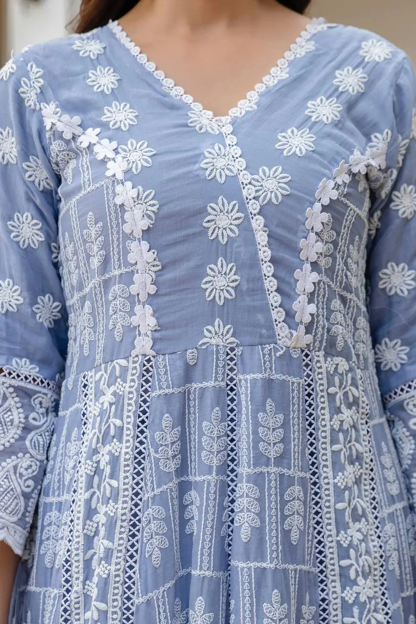 Powder Blue & Pastel Pink Lucknowi Cotton Anarkali Set