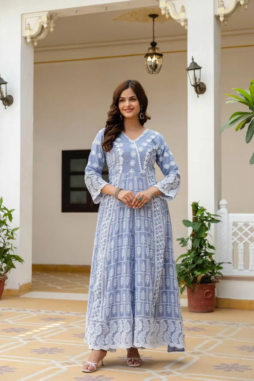 Powder Blue & Pastel Pink Lucknowi Cotton Anarkali Set