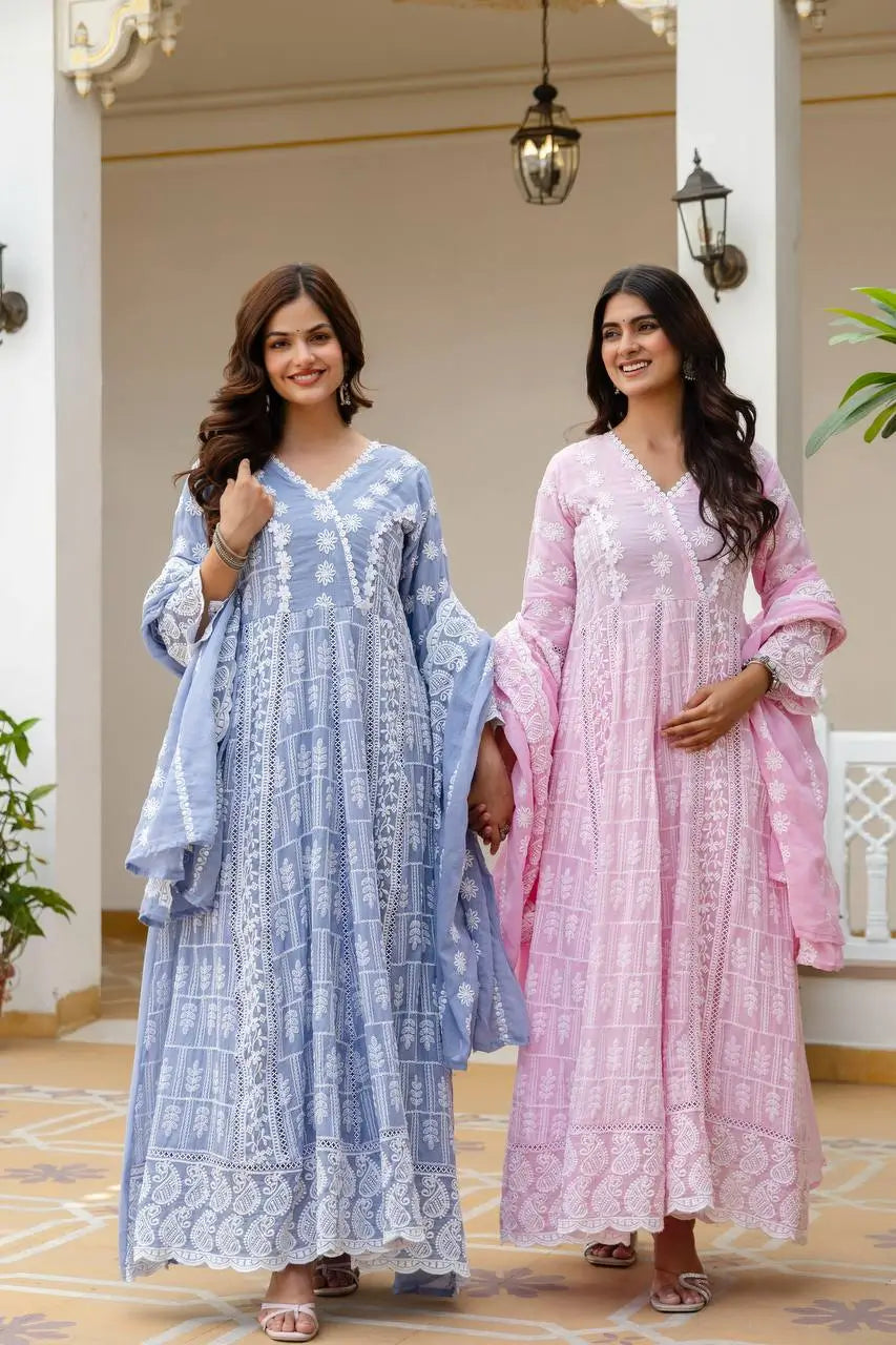 Powder Blue & Pastel Pink Lucknowi Cotton Anarkali Set