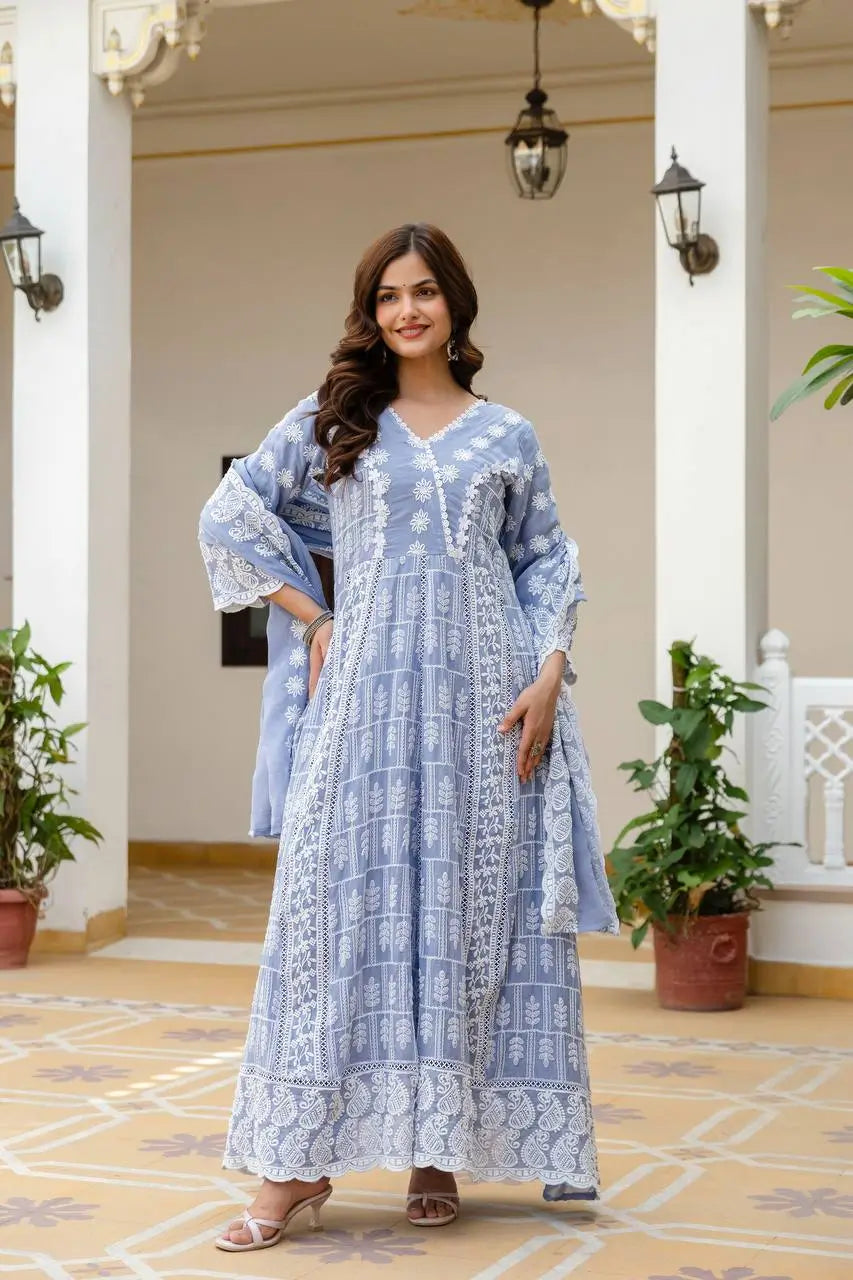 Powder Blue & Pastel Pink Lucknowi Cotton Anarkali Set