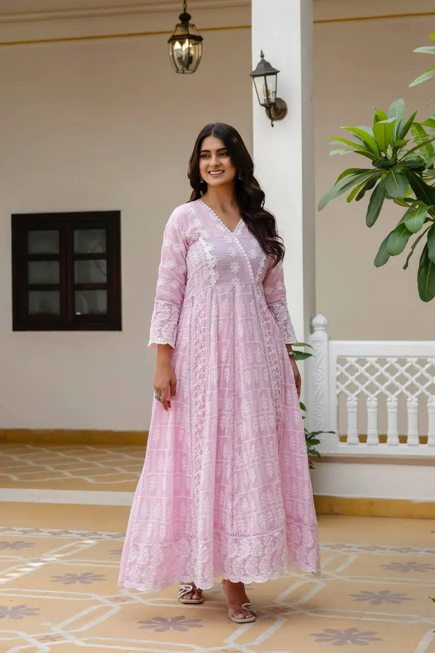 Powder Blue & Pastel Pink Lucknowi Cotton Anarkali Set