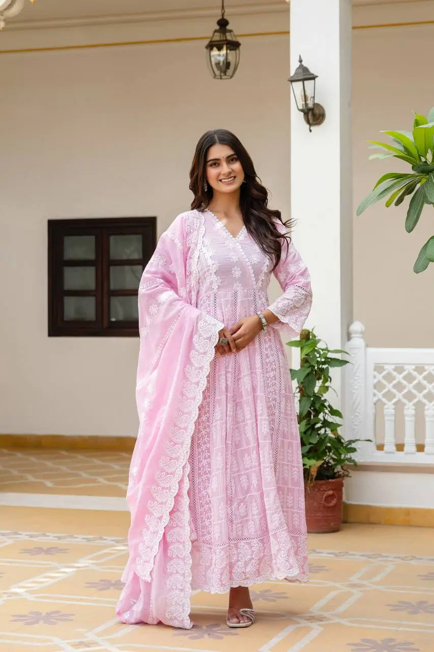 Powder Blue & Pastel Pink Lucknowi Cotton Anarkali Set