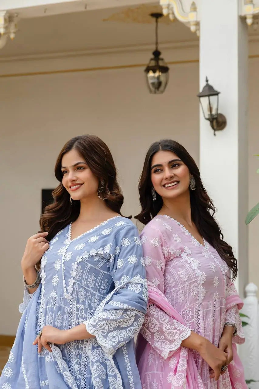 Powder Blue & Pastel Pink Lucknowi Cotton Anarkali Set