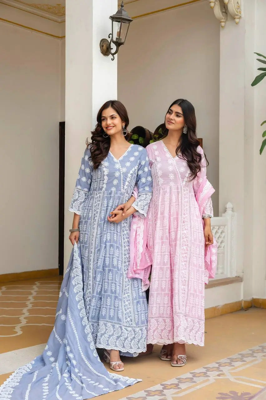 Powder Blue & Pastel Pink Lucknowi Cotton Anarkali Set