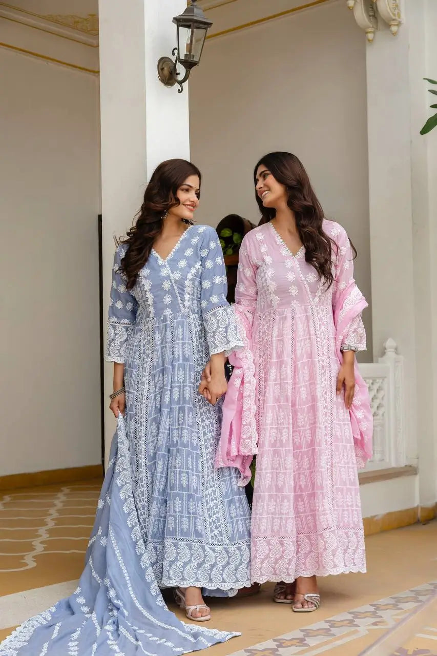 Powder Blue & Pastel Pink Lucknowi Cotton Anarkali Set