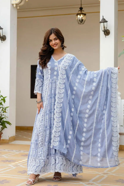 Powder Blue & Pastel Pink Lucknowi Cotton Anarkali Set