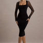 Premium 4-Way Stretch Bodycon Midi Dress with Mesh Sleeves