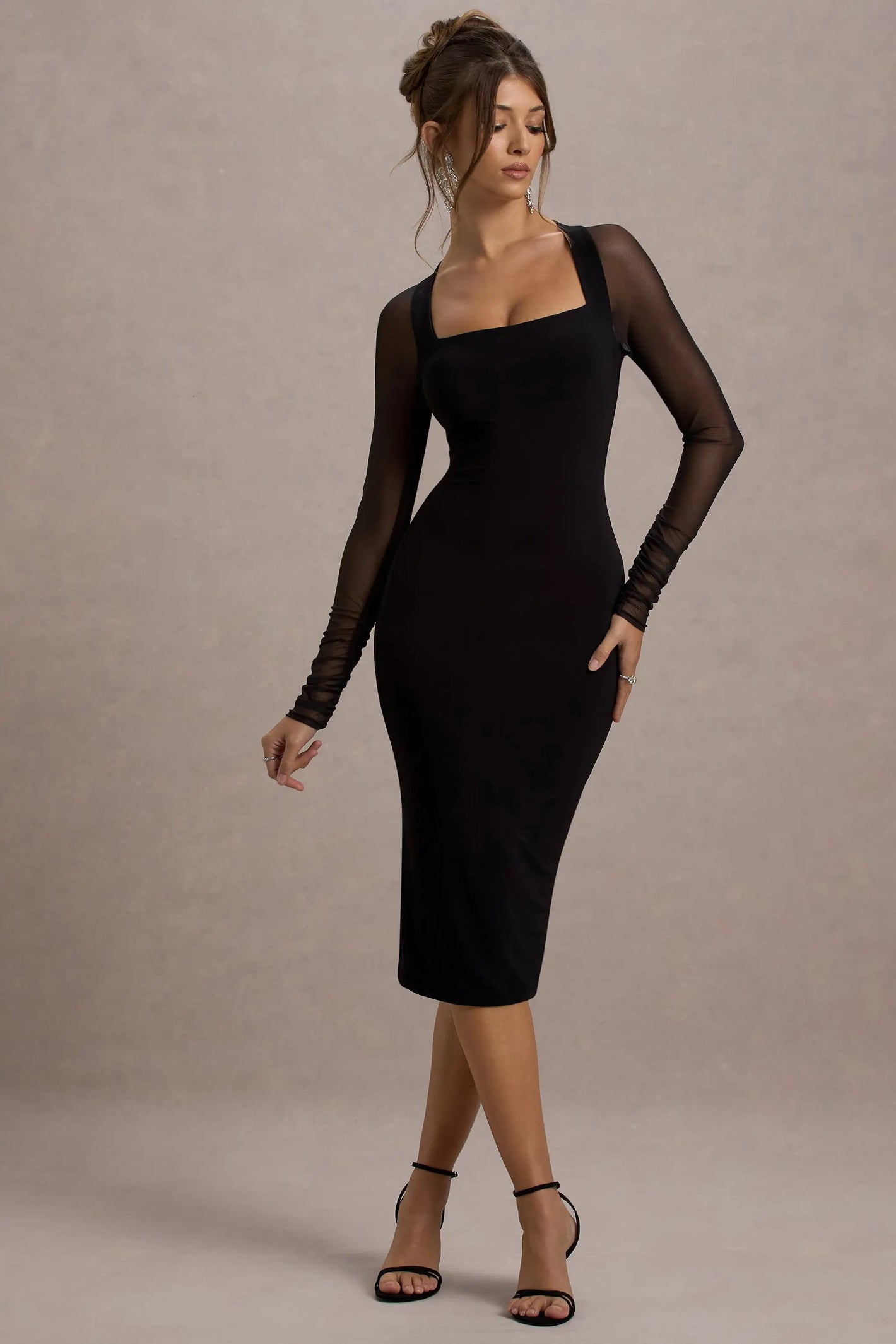 Premium 4-Way Stretch Bodycon Midi Dress with Mesh Sleeves