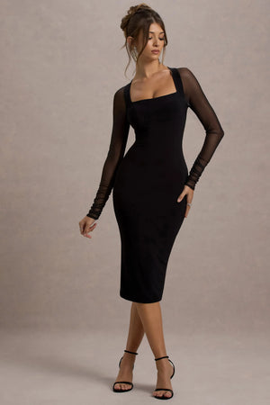 Premium 4-Way Stretch Bodycon Midi Dress with Mesh Sleeves