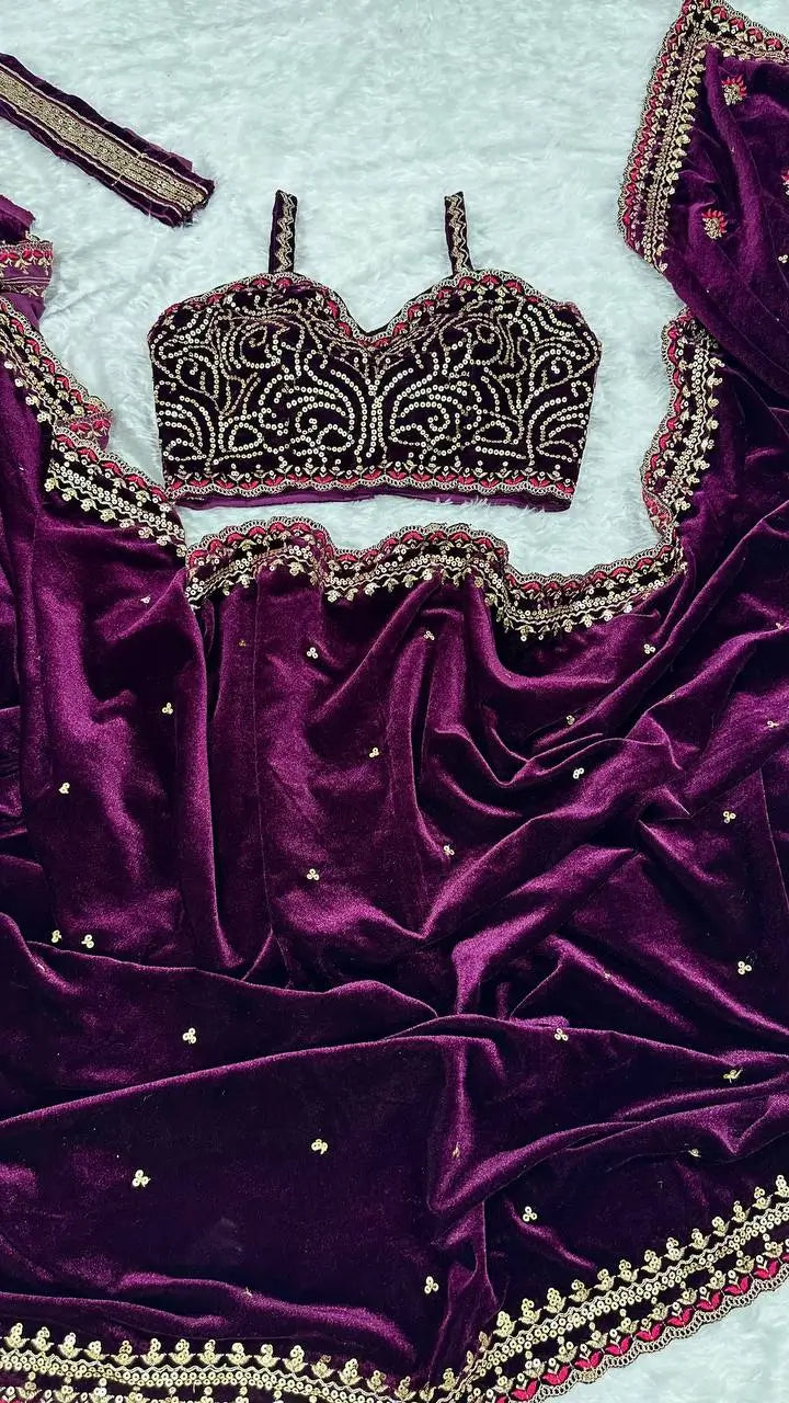 Premium 9000 Velvet Saree with Sequins, Dori & Thread Work