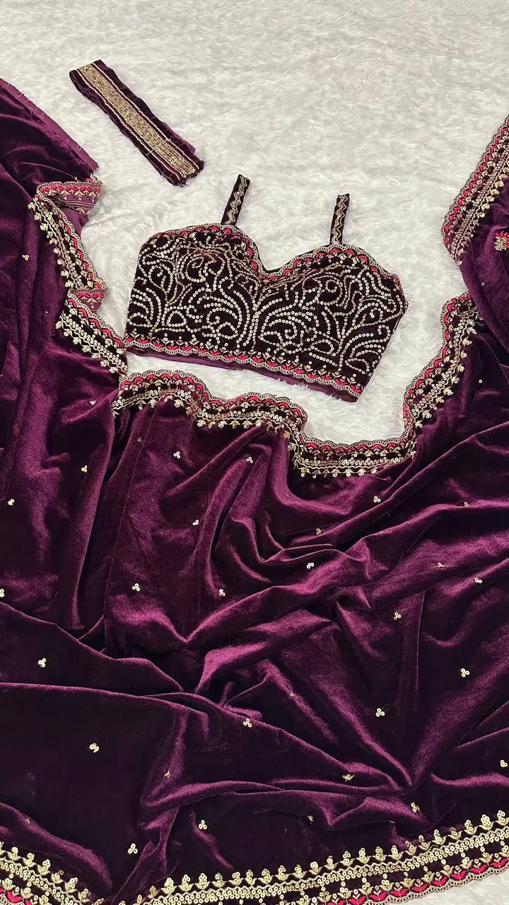 Premium 9000 Velvet Saree with Sequins, Dori & Thread Work