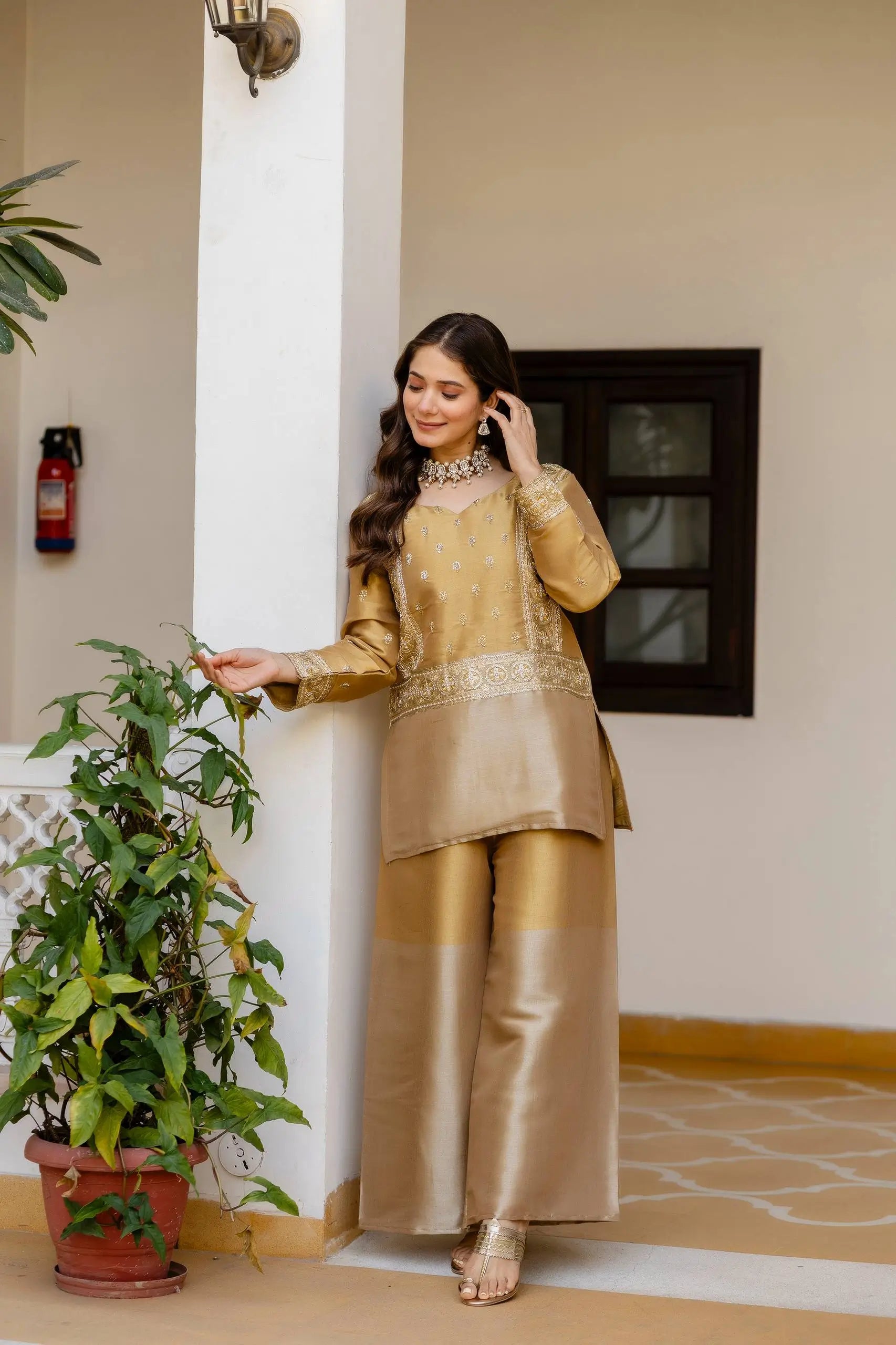 Premium Banarasi Viscose Embroidered Kurta Palazzo Set for Festive and Wedding Wear