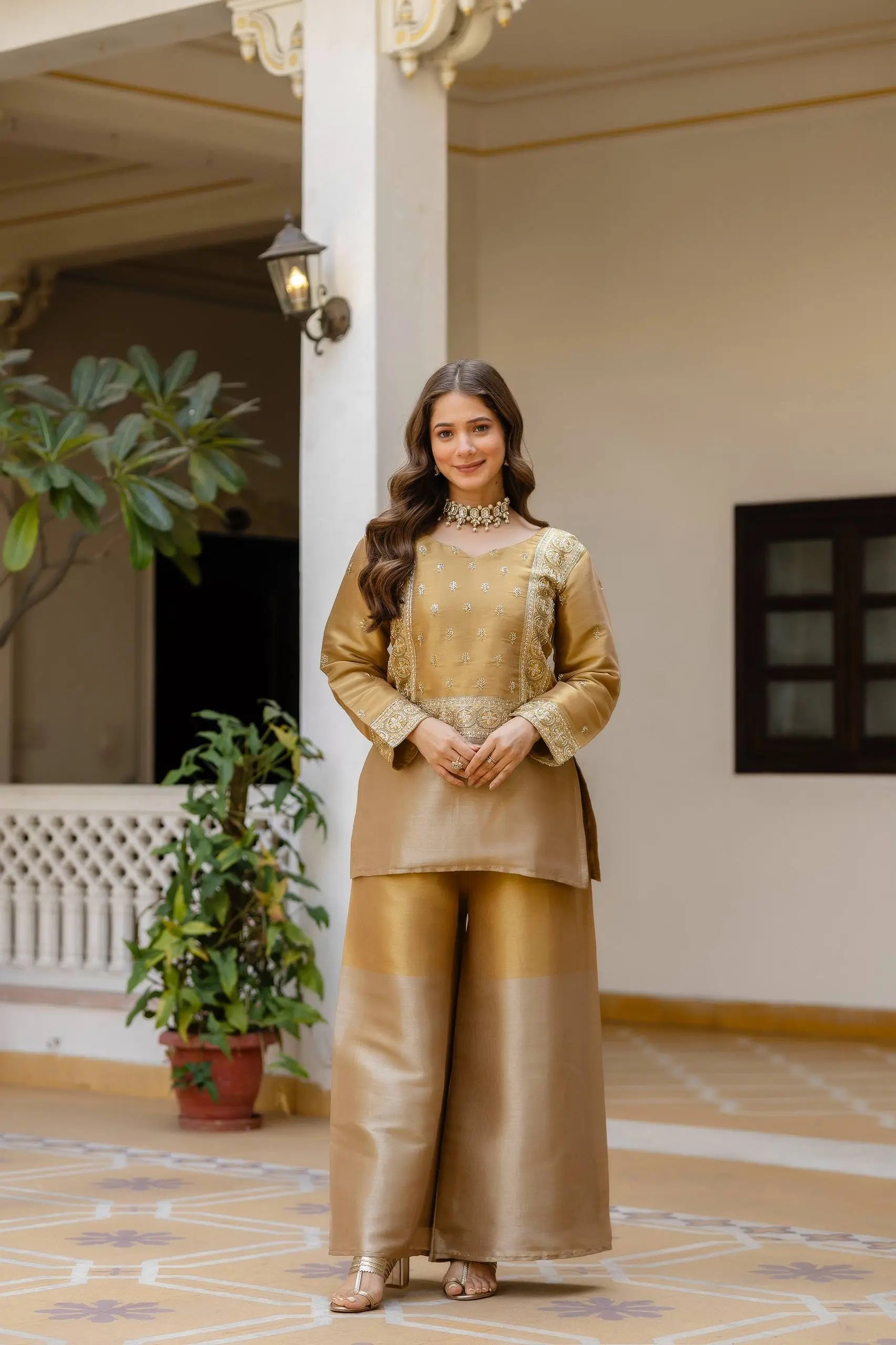 Premium Banarasi Viscose Embroidered Kurta Palazzo Set for Festive and Wedding Wear