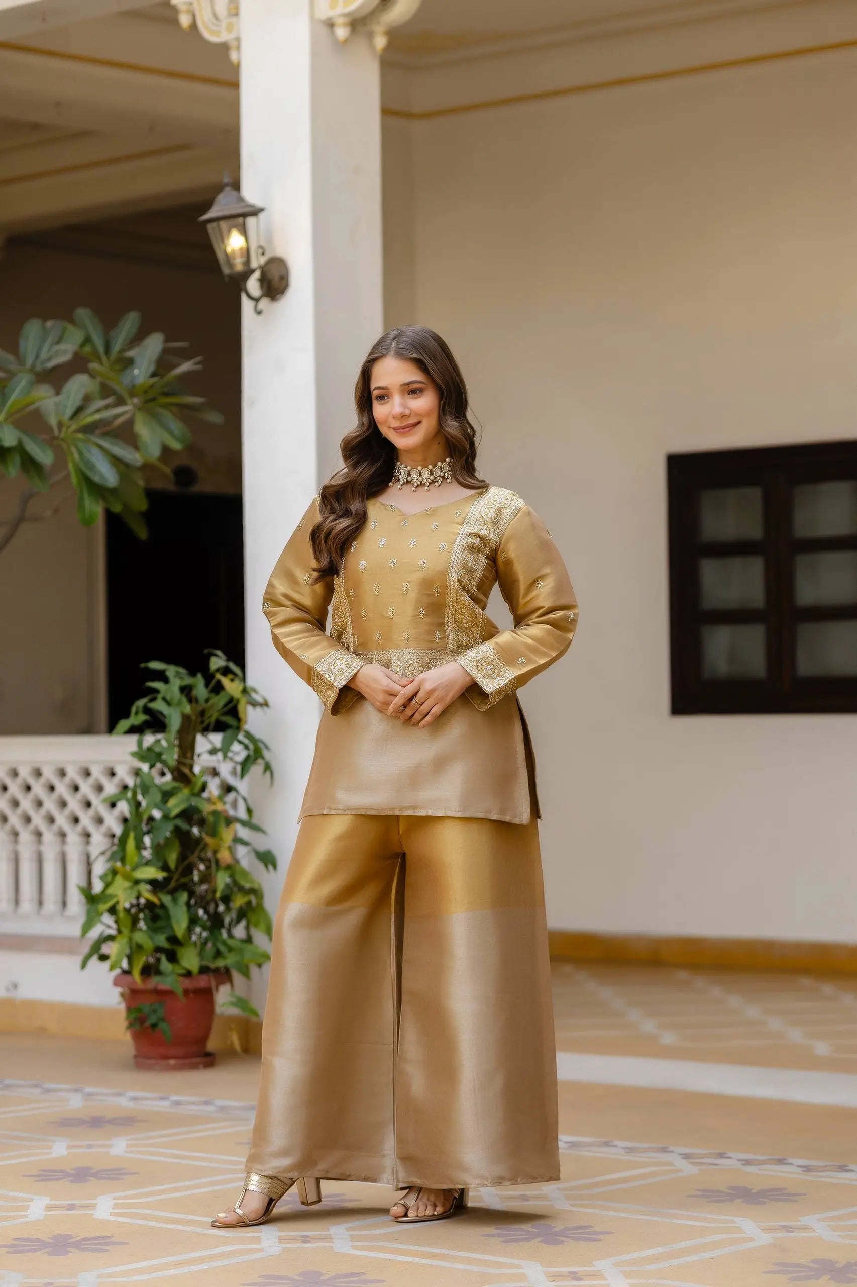 Premium Banarasi Viscose Embroidered Kurta Palazzo Set for Festive and Wedding Wear