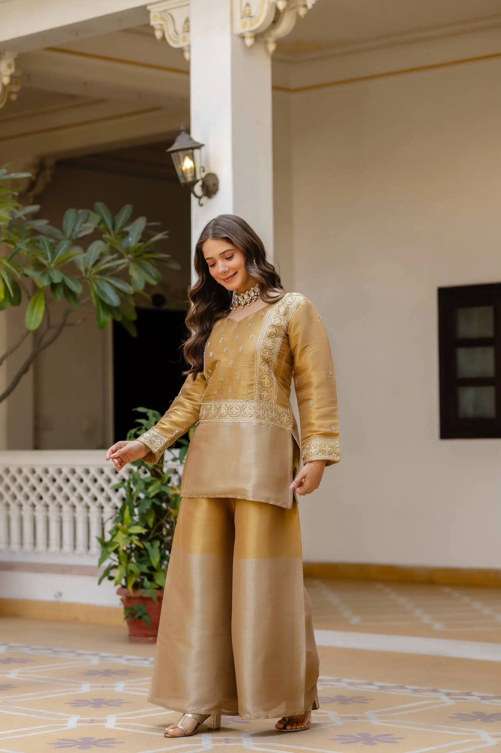 Premium Banarasi Viscose Embroidered Kurta Palazzo Set for Festive and Wedding Wear