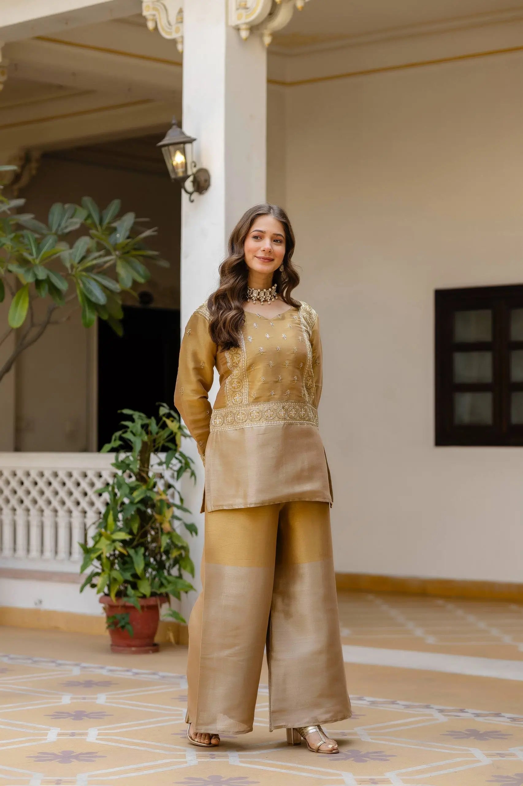 Premium Banarasi Viscose Embroidered Kurta Palazzo Set for Festive and Wedding Wear