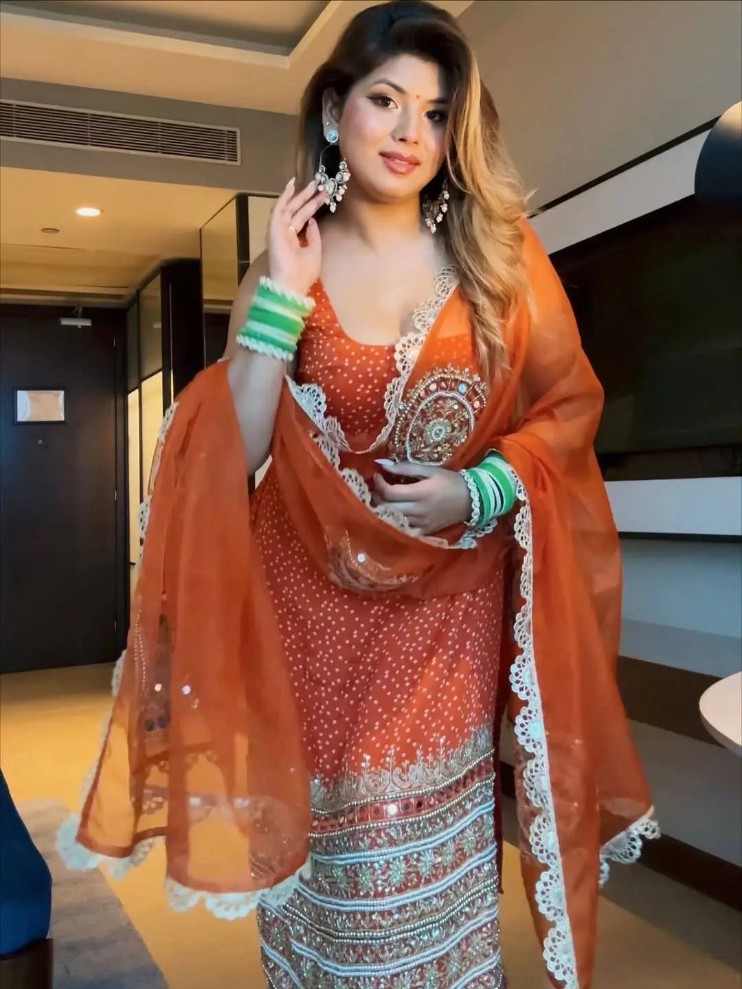 Premium Bandhani Mirror Work Straight Suit Set