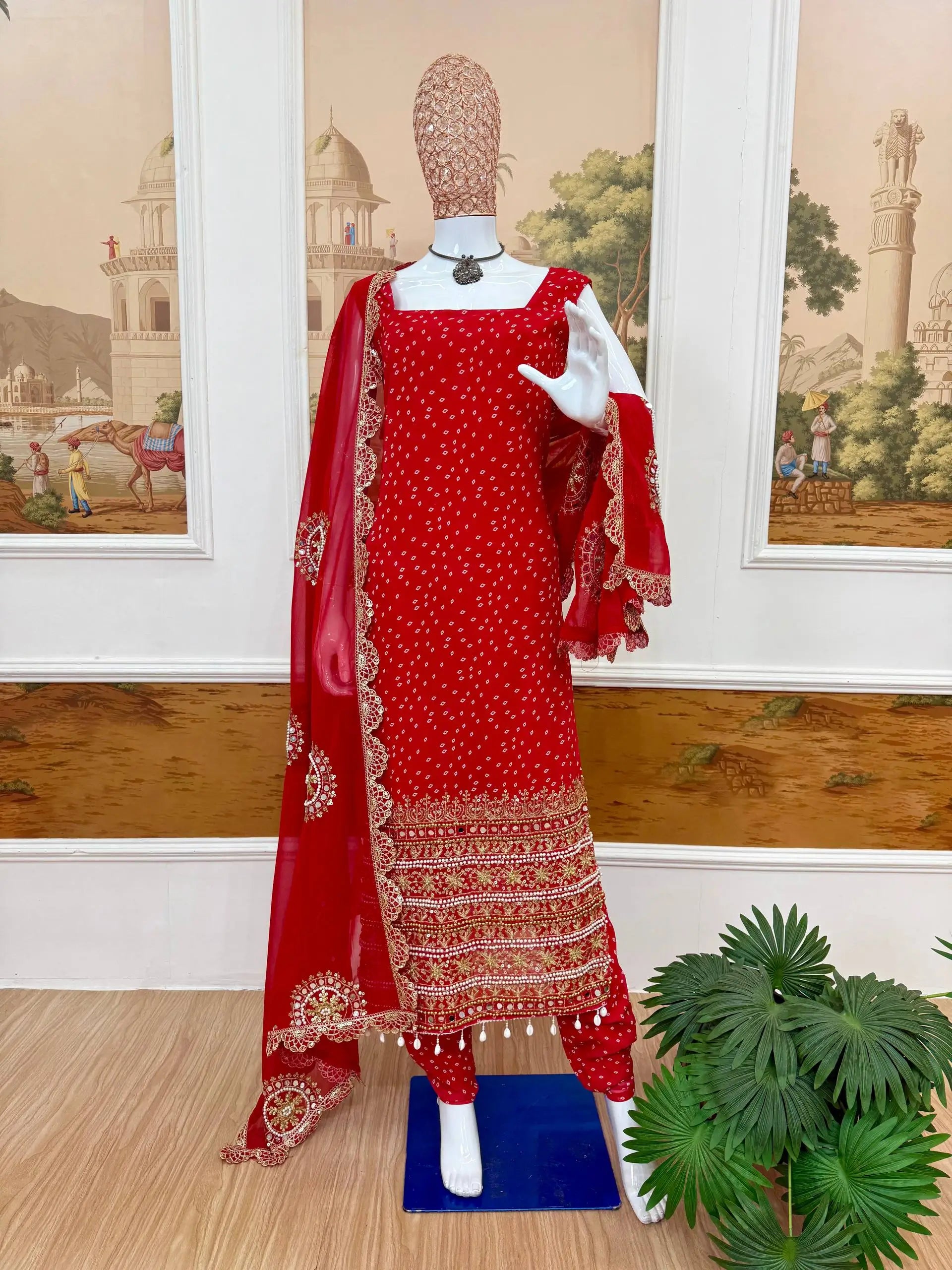 Premium Bandhani Mirror Work Straight Suit Set