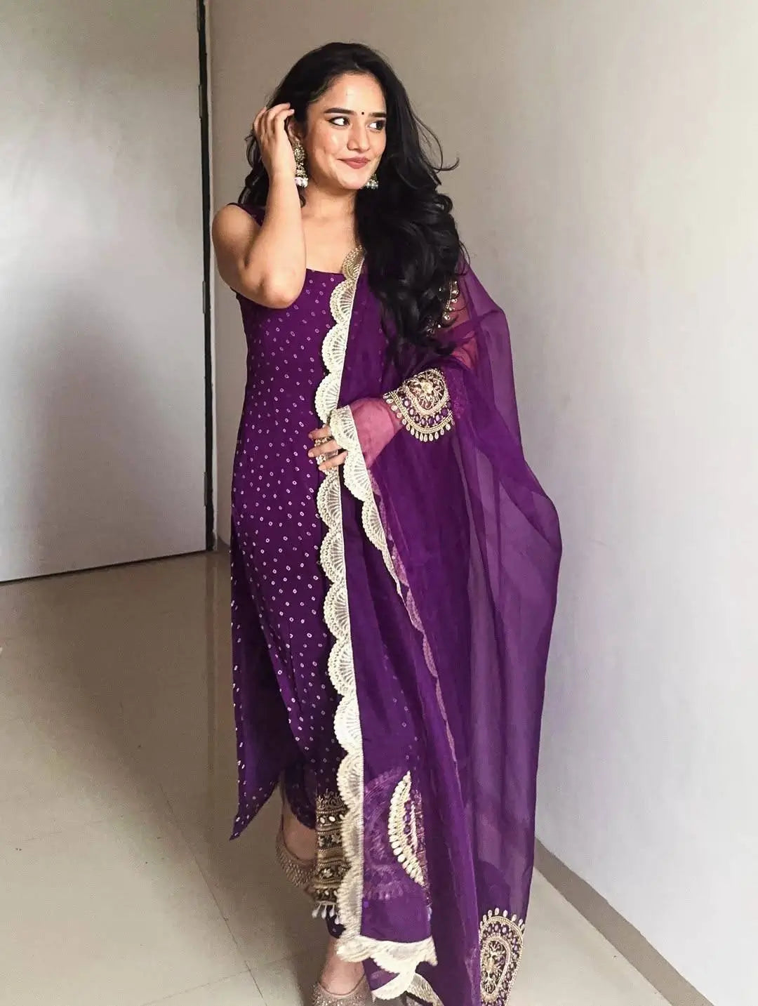 Premium Bandhani Mirror Work Straight Suit Set