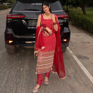 Premium Bandhani Mirror Work Straight Suit Set