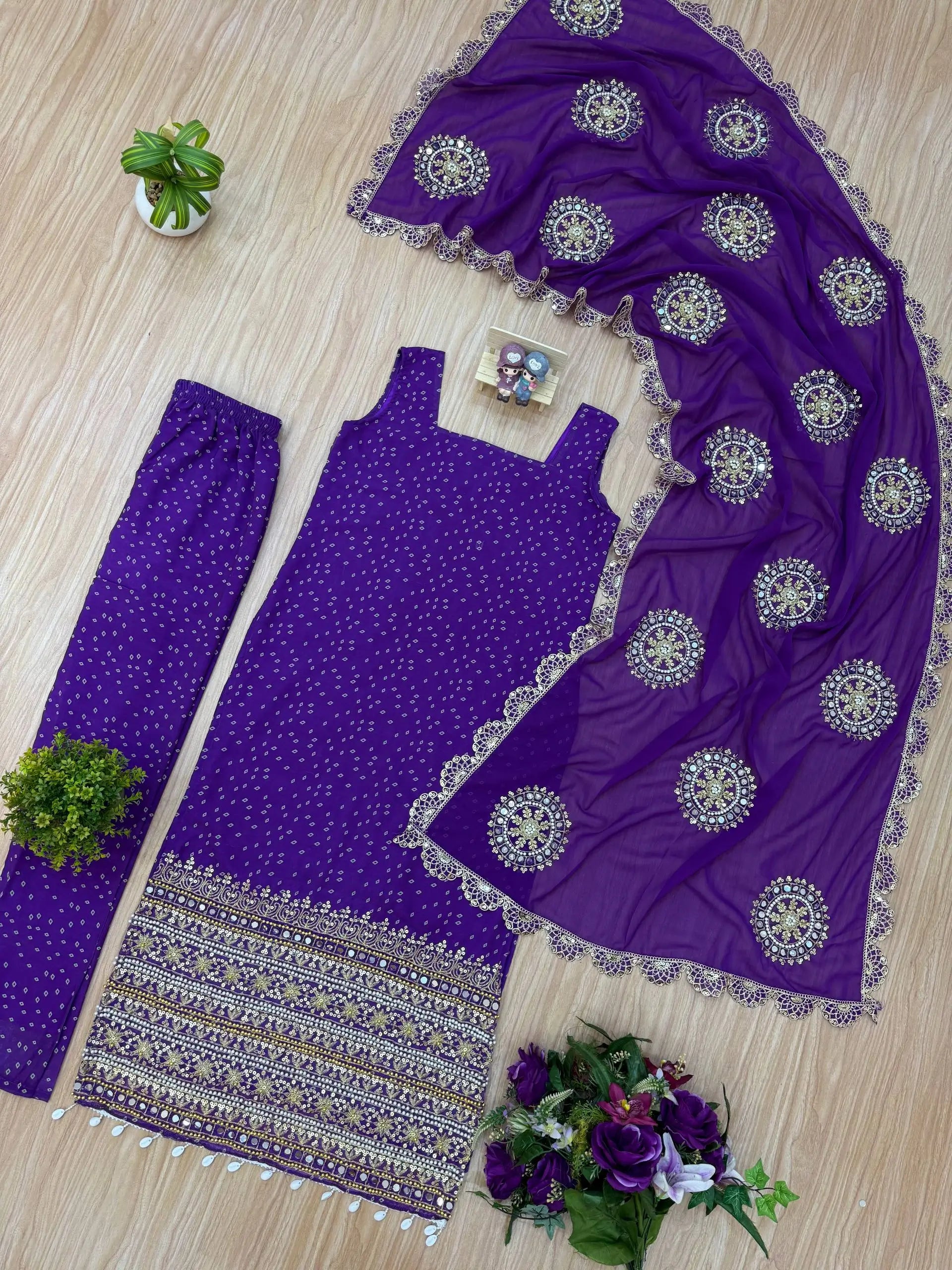 Premium Bandhani Mirror Work Straight Suit Set