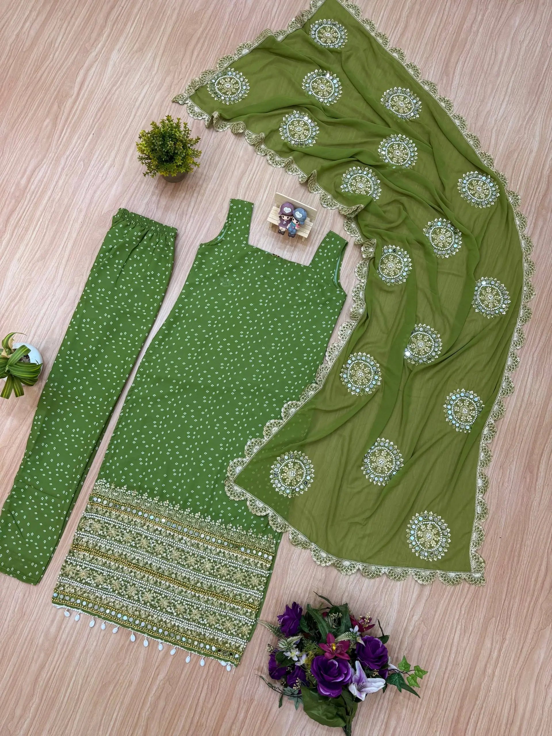 Premium Bandhani Mirror Work Straight Suit Set