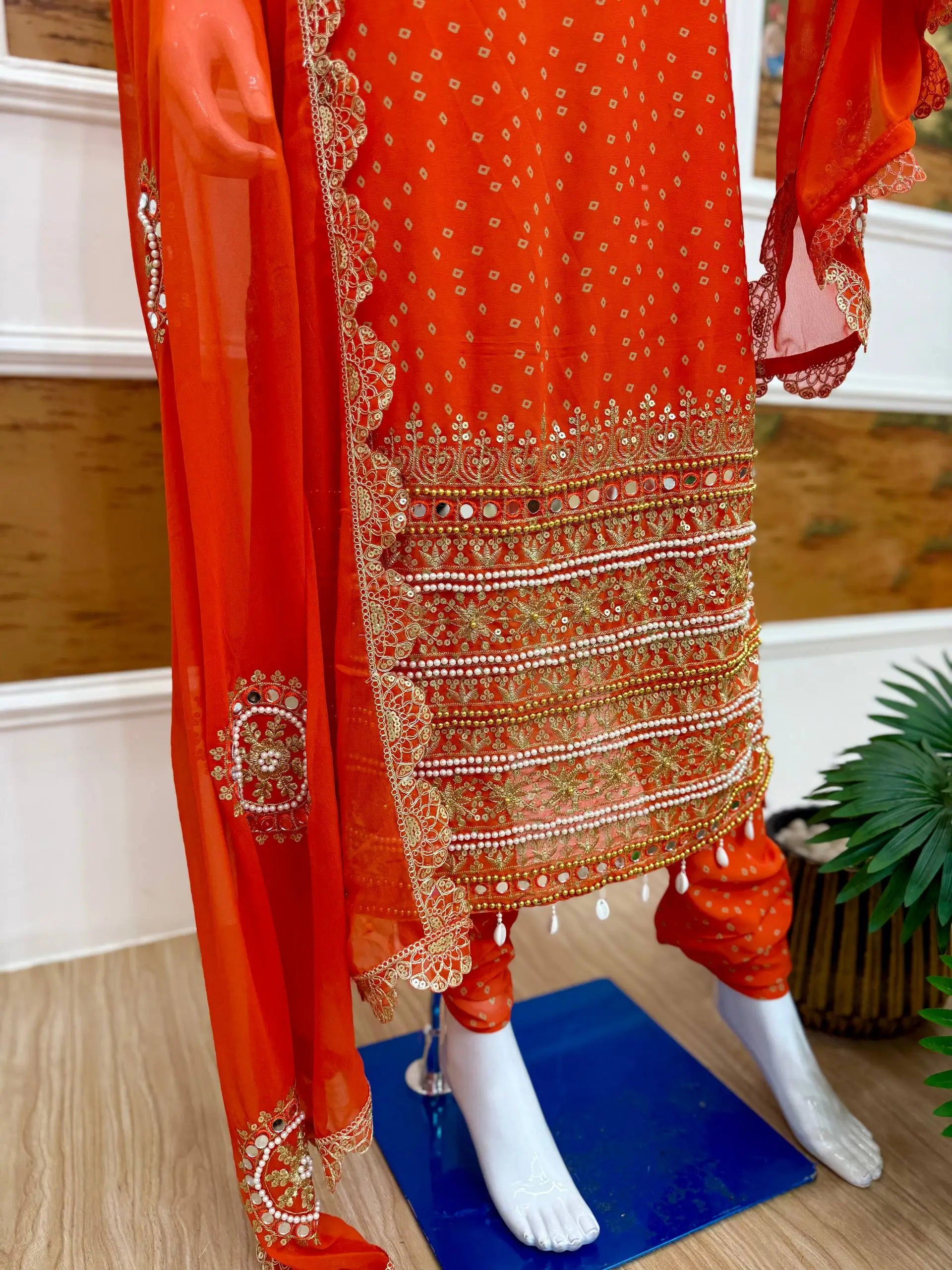 Premium Bandhani Mirror Work Straight Suit Set