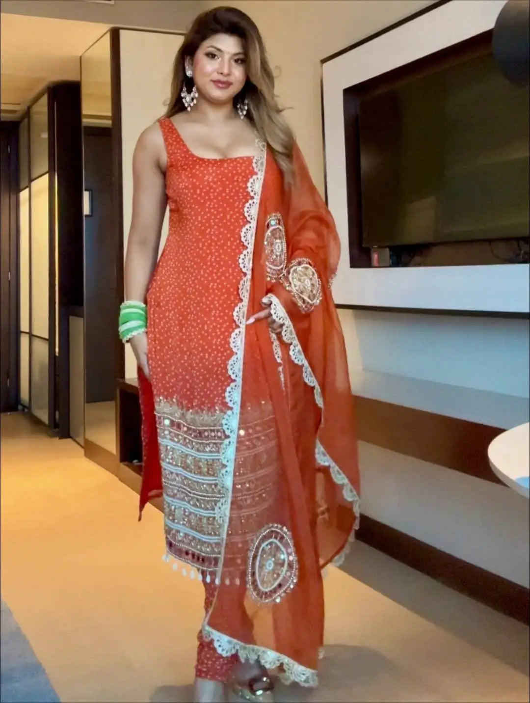 Premium Bandhani Mirror Work Straight Suit Set