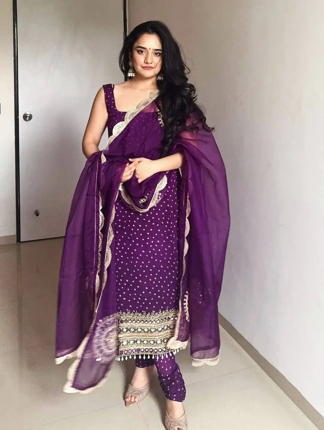 Premium Bandhani Mirror Work Straight Suit Set