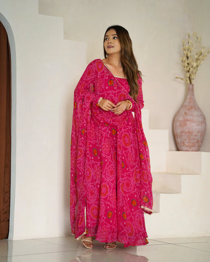 Premium Chiffon Bandhej Print Anarkali Set with Dupatta
