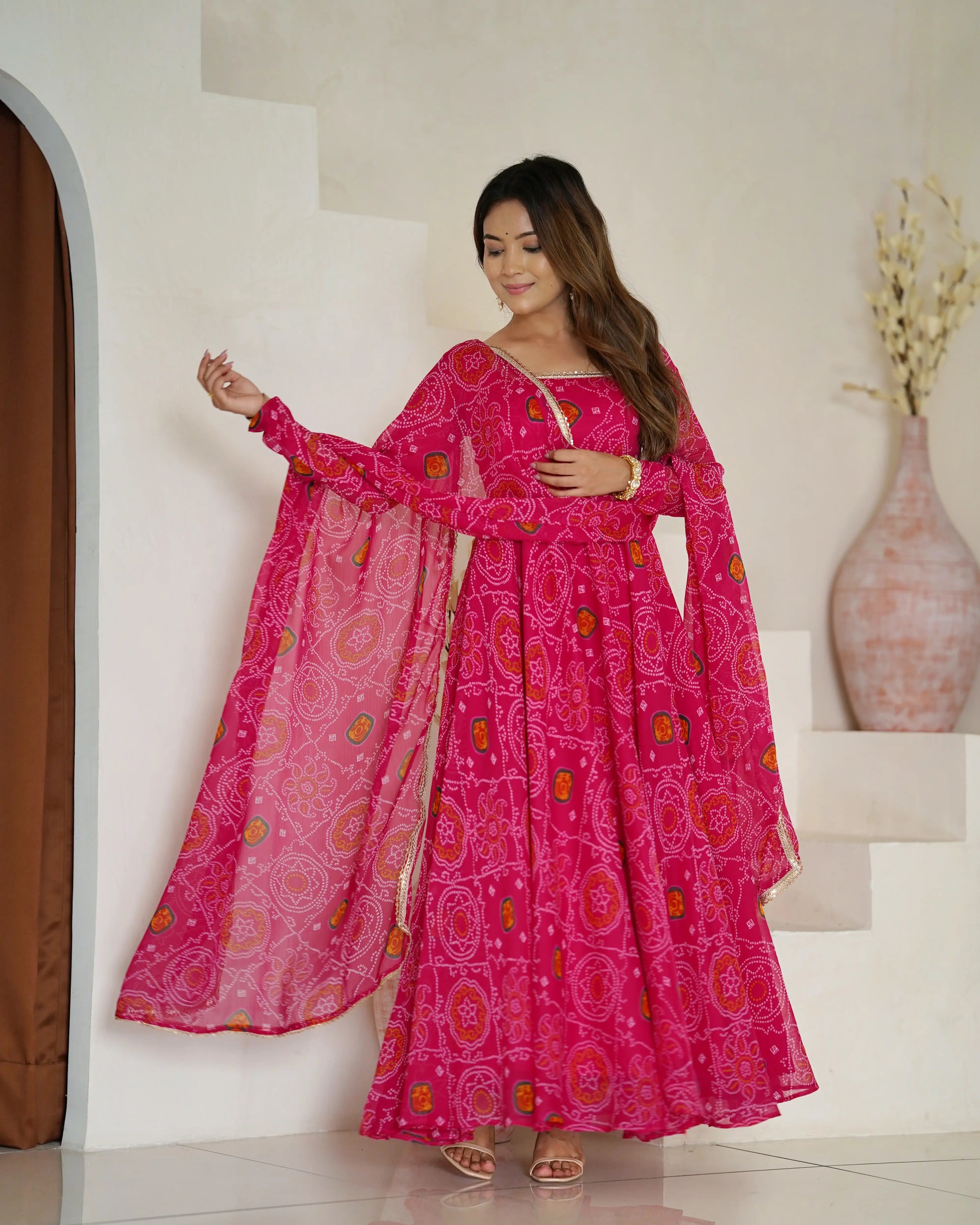 Premium Chiffon Bandhej Print Anarkali Set with Dupatta