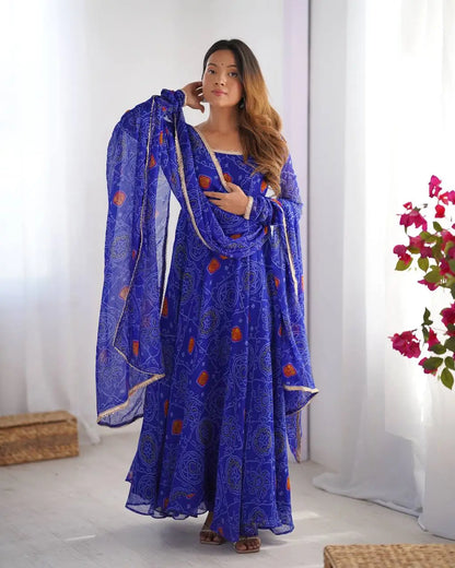 Premium Chiffon Bandhej Print Anarkali Set with Dupatta