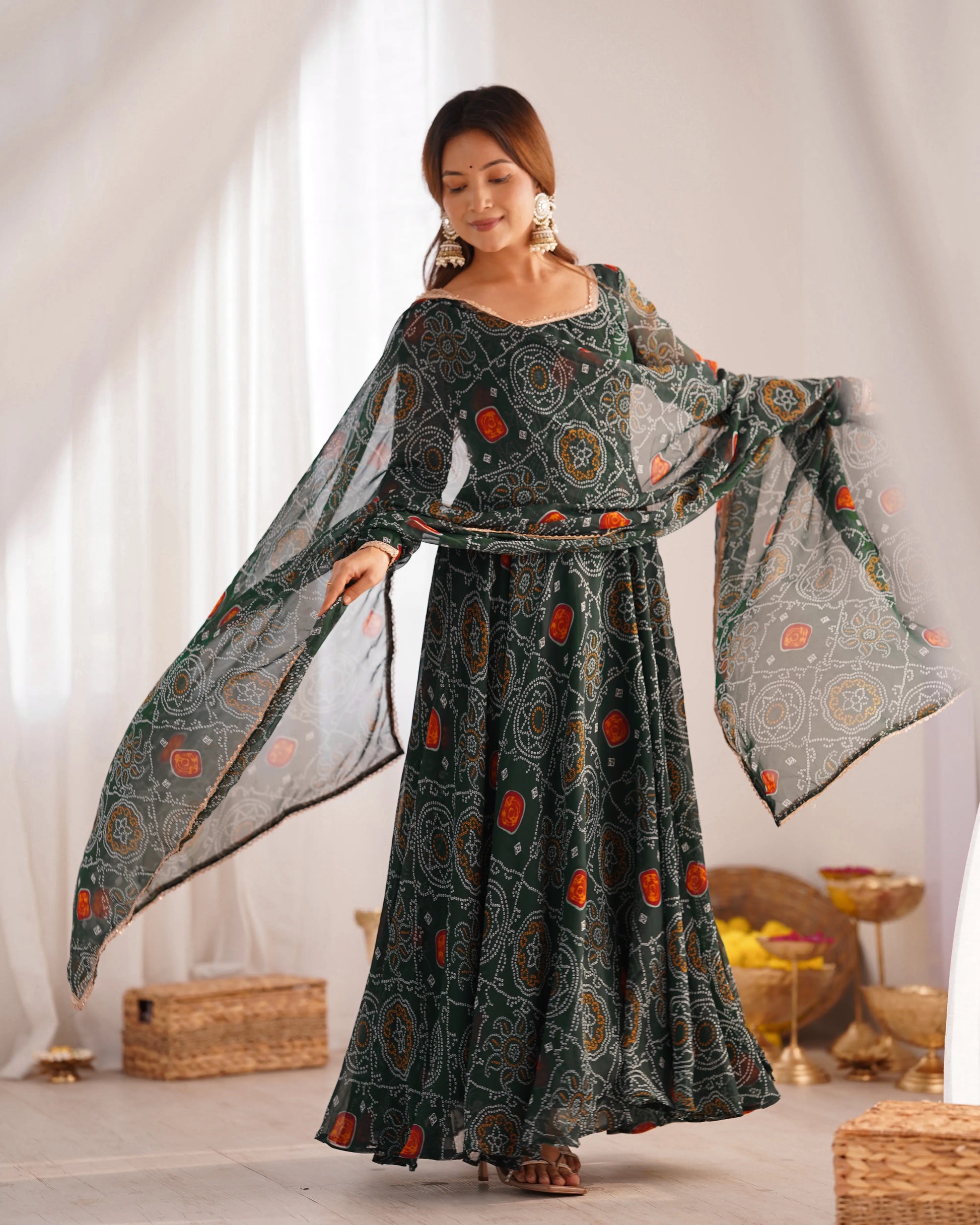 Premium Chiffon Bandhej Print Anarkali Set with Dupatta