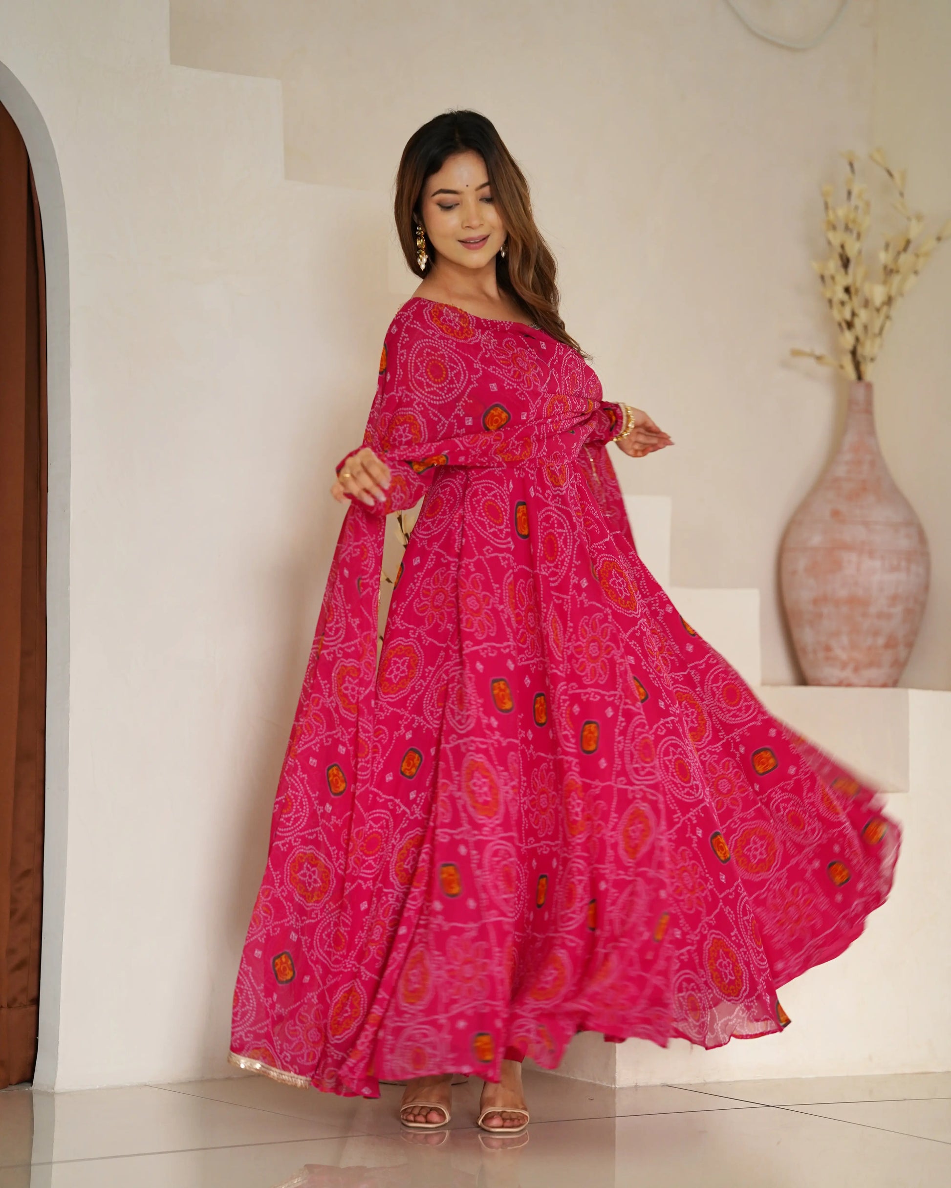 Premium Chiffon Bandhej Print Anarkali Set with Dupatta