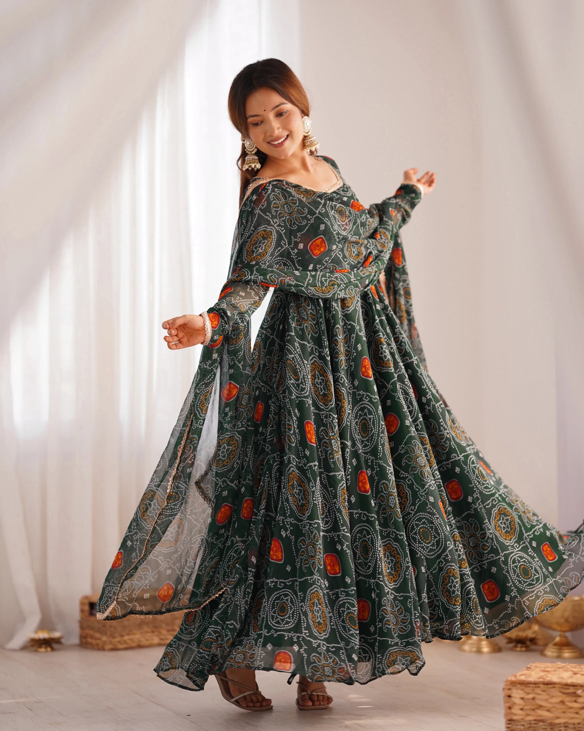 Premium Chiffon Bandhej Print Anarkali Set with Dupatta
