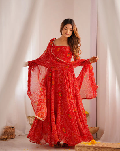 Premium Chiffon Bandhej Print Anarkali Set with Dupatta