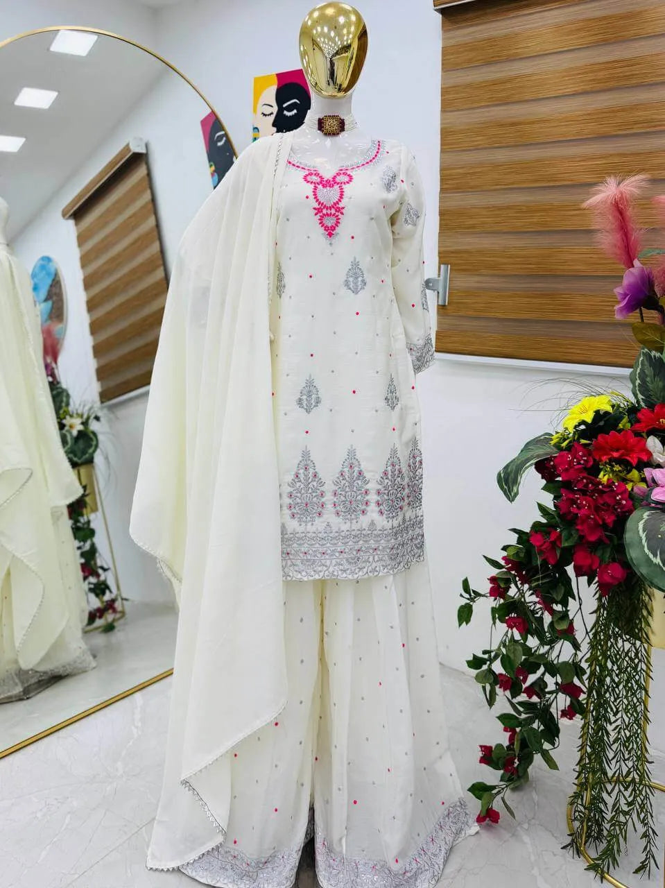 Premium Chinon Silk Embroidered Palazzo Suit Set
