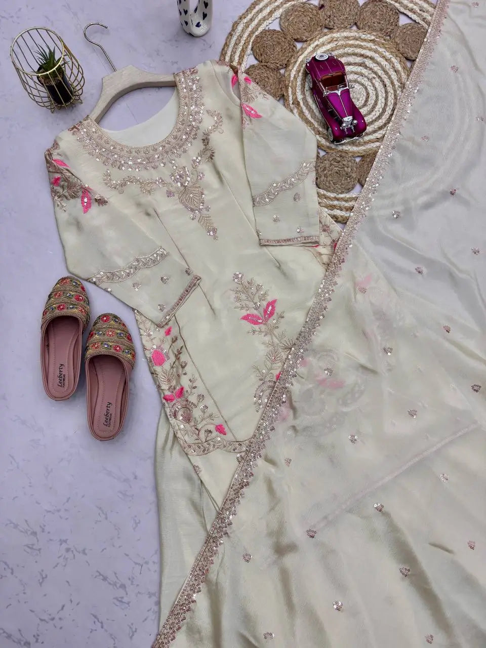 Premium Chinon Silk Embroidered Palazzo Suit Set