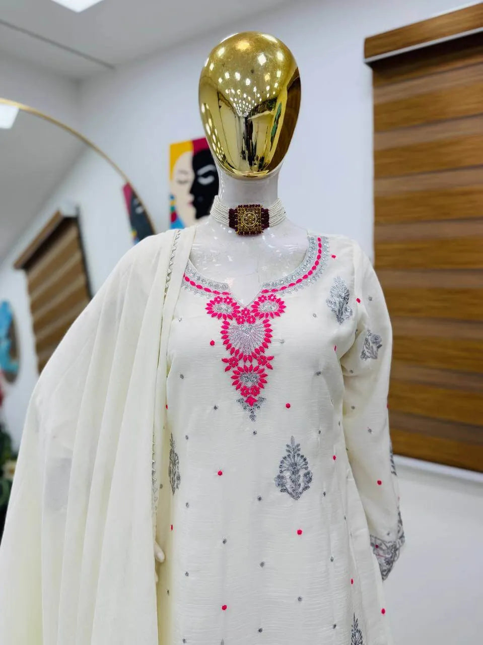 Premium Chinon Silk Embroidered Palazzo Suit Set