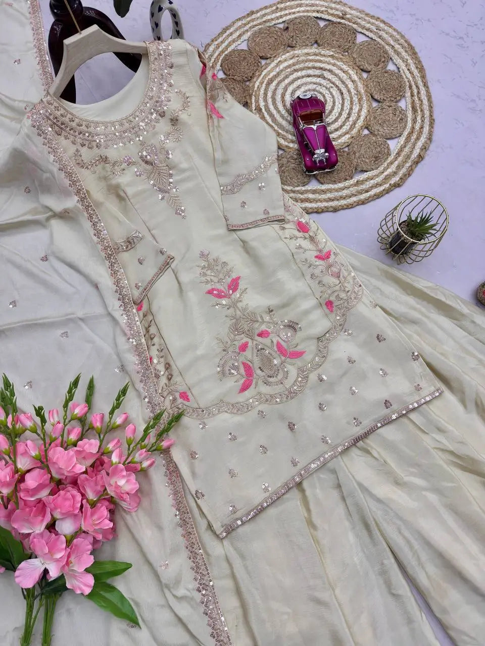Premium Chinon Silk Embroidered Palazzo Suit Set