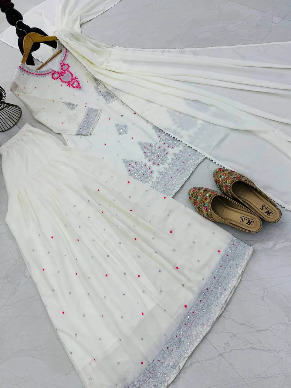 Premium Chinon Silk Embroidered Palazzo Suit Set