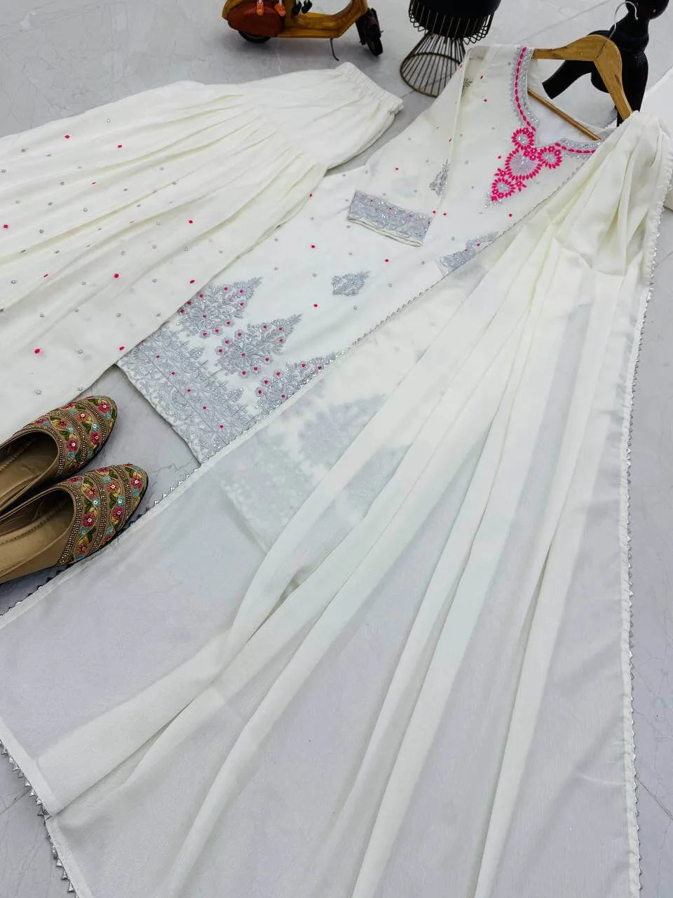 Premium Chinon Silk Embroidered Palazzo Suit Set