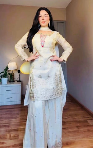 Premium Chinon Silk Embroidered Palazzo Suit Set