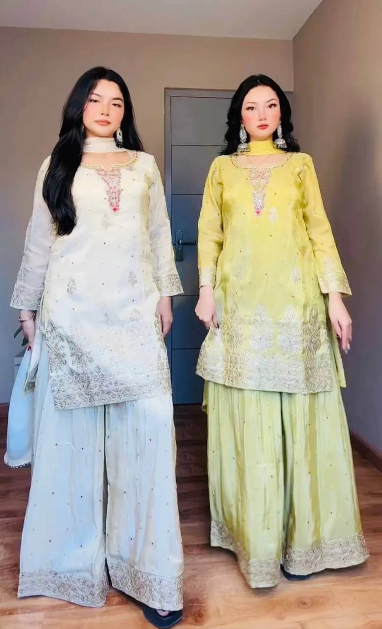 Premium Chinon Silk Embroidered Palazzo Suit Set