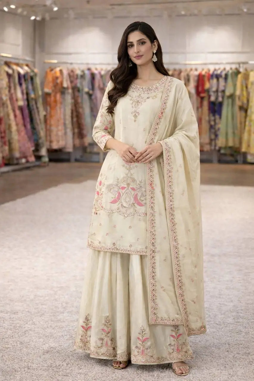 Premium Chinon Silk Embroidered Palazzo Suit Set