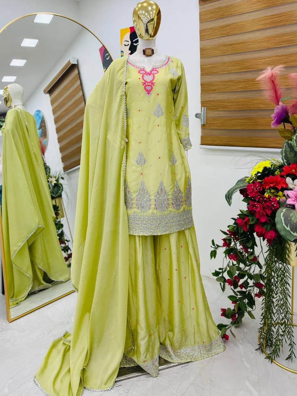 Premium Chinon Silk Embroidered Palazzo Suit Set